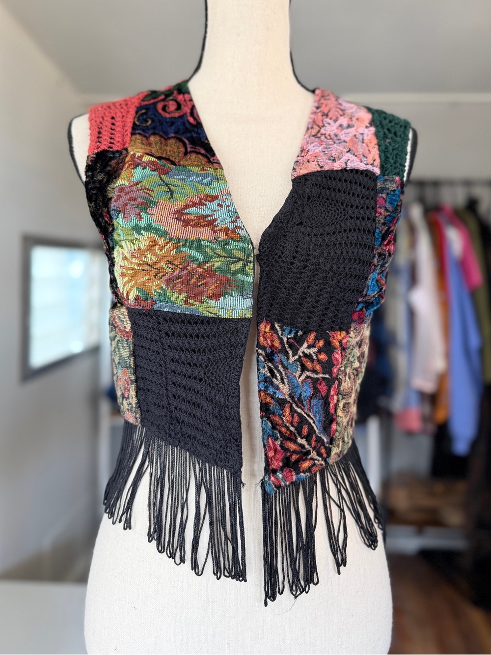 Vintage Boho Patchwork Crochet Fringe Vest - Black Multicolor